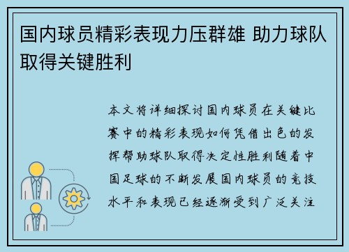 国内球员精彩表现力压群雄 助力球队取得关键胜利