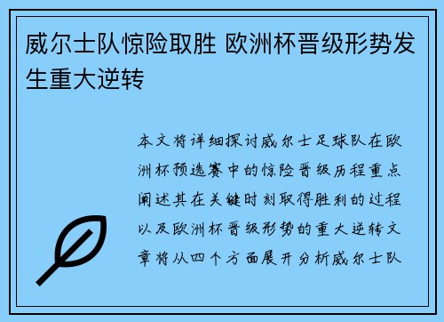 威尔士队惊险取胜 欧洲杯晋级形势发生重大逆转