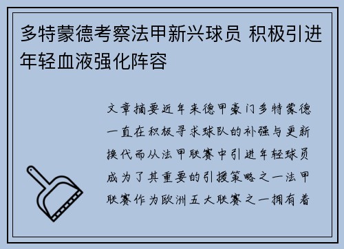 多特蒙德考察法甲新兴球员 积极引进年轻血液强化阵容