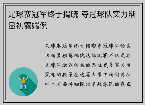 足球赛冠军终于揭晓 夺冠球队实力渐显初露端倪