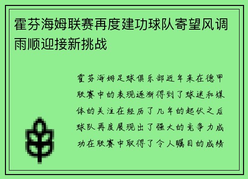 霍芬海姆联赛再度建功球队寄望风调雨顺迎接新挑战