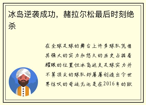 冰岛逆袭成功，赭拉尔松最后时刻绝杀